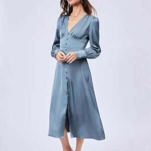 Cider brand blue satin feel dress with front buttons